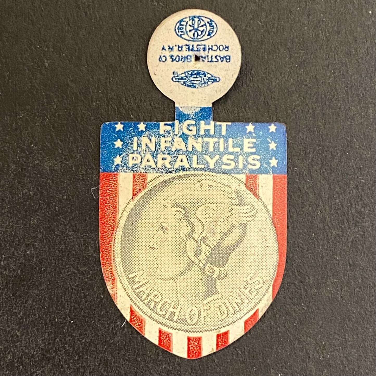 March of Dimes "Fight Infantile Paralysis" Steel Fold Over Pin Mercury Dime (#2)