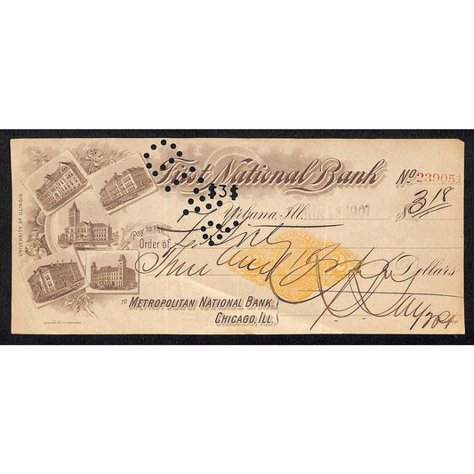 FNB Urbana, IL $3.18 1901 Bank Check Revenue Stamp w/ University Bldg. Vignettes