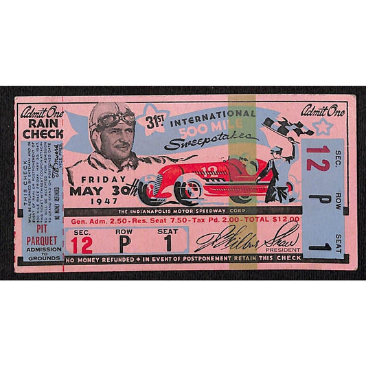 1947 Indy 500 Ticket / IMS 500 Mile Sweepstakes Ticket Stub Seat 1 VGC
