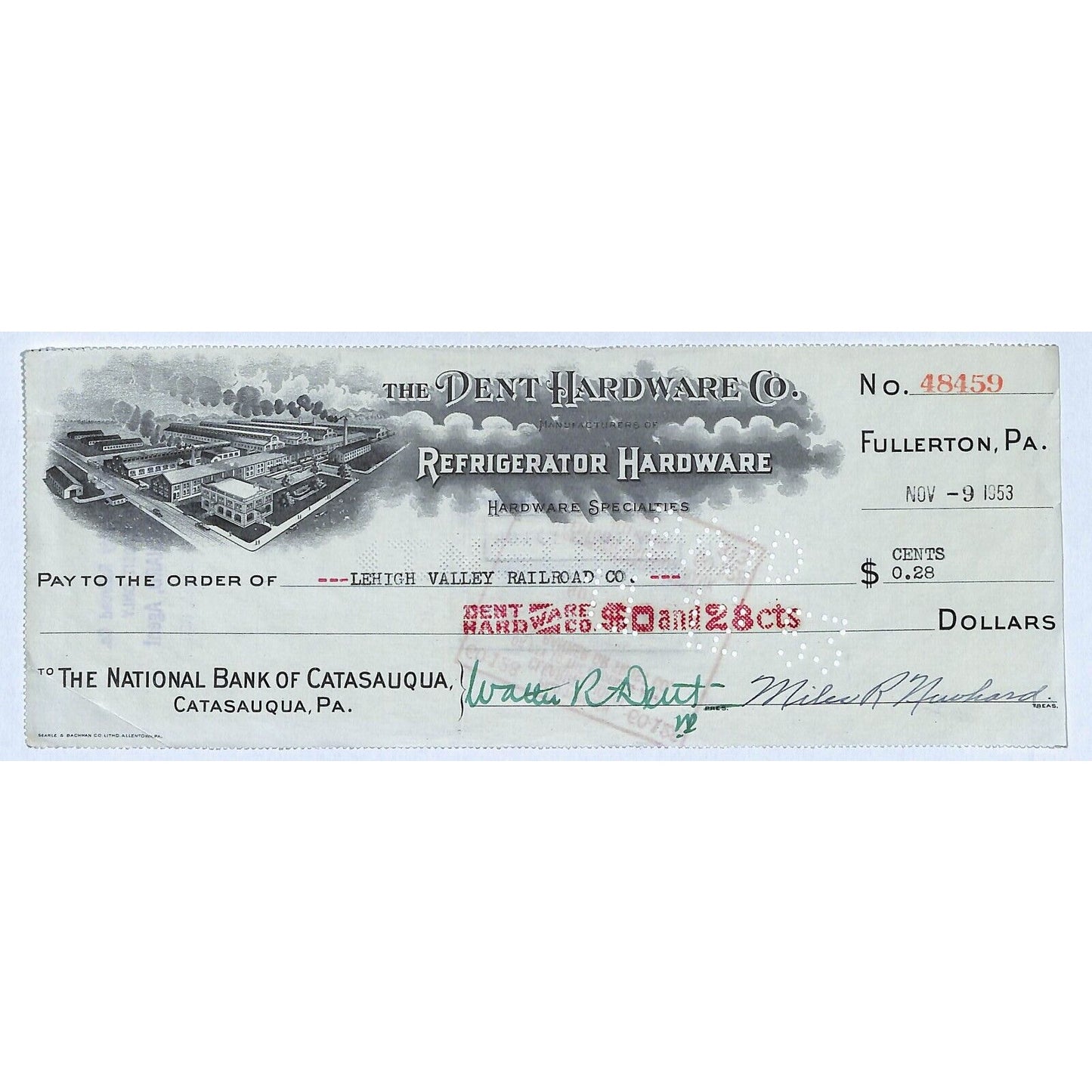 Dent Hardware Co. Refrigerator Fullerton, PA 1953 Bank Check w/ Vignette #48459