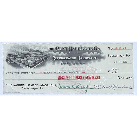 Dent Hardware Co. Refrigerator Fullerton, PA 1953 Bank Check w/ Vignette #48459
