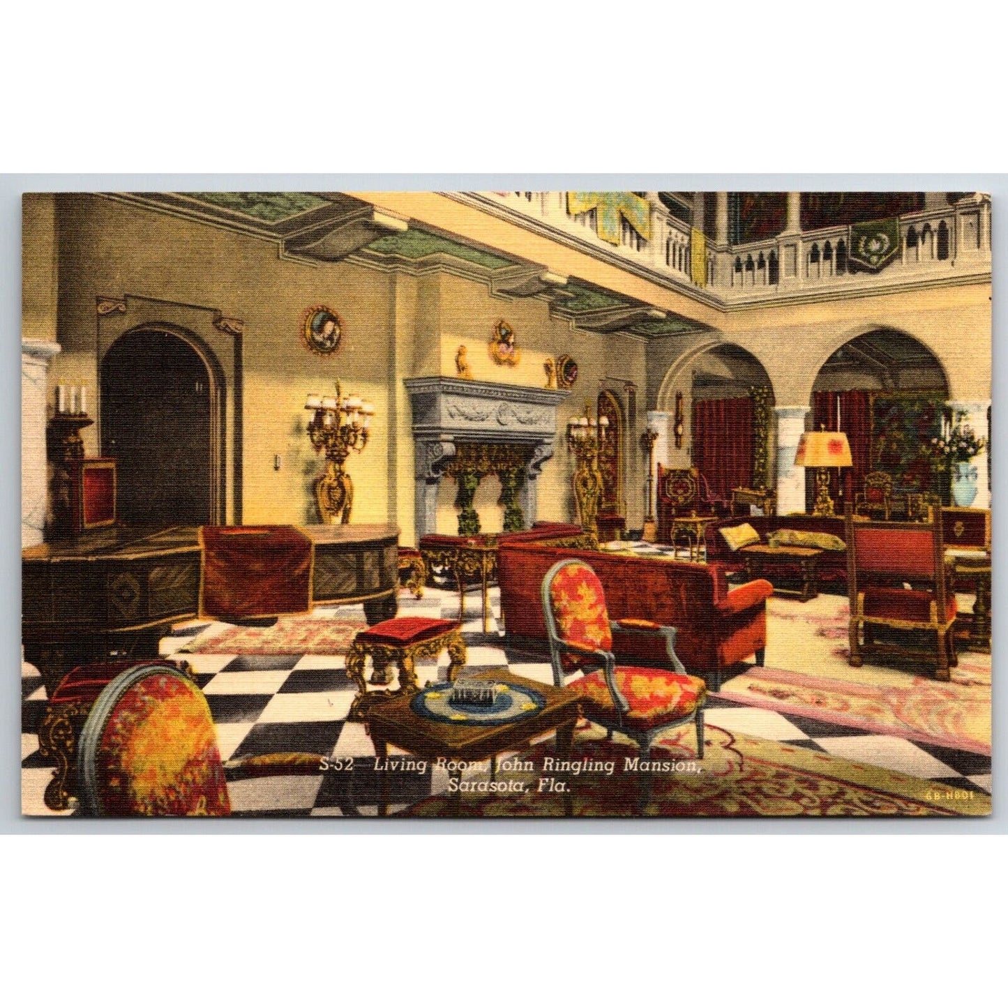 Living Room John Ringling Mansion Sarasota Linen Postcard c1935-50 NP VGC