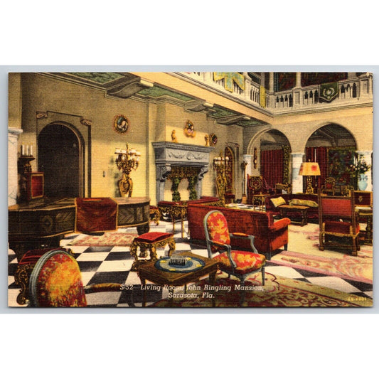 Living Room John Ringling Mansion Sarasota Linen Postcard c1935-50 NP VGC