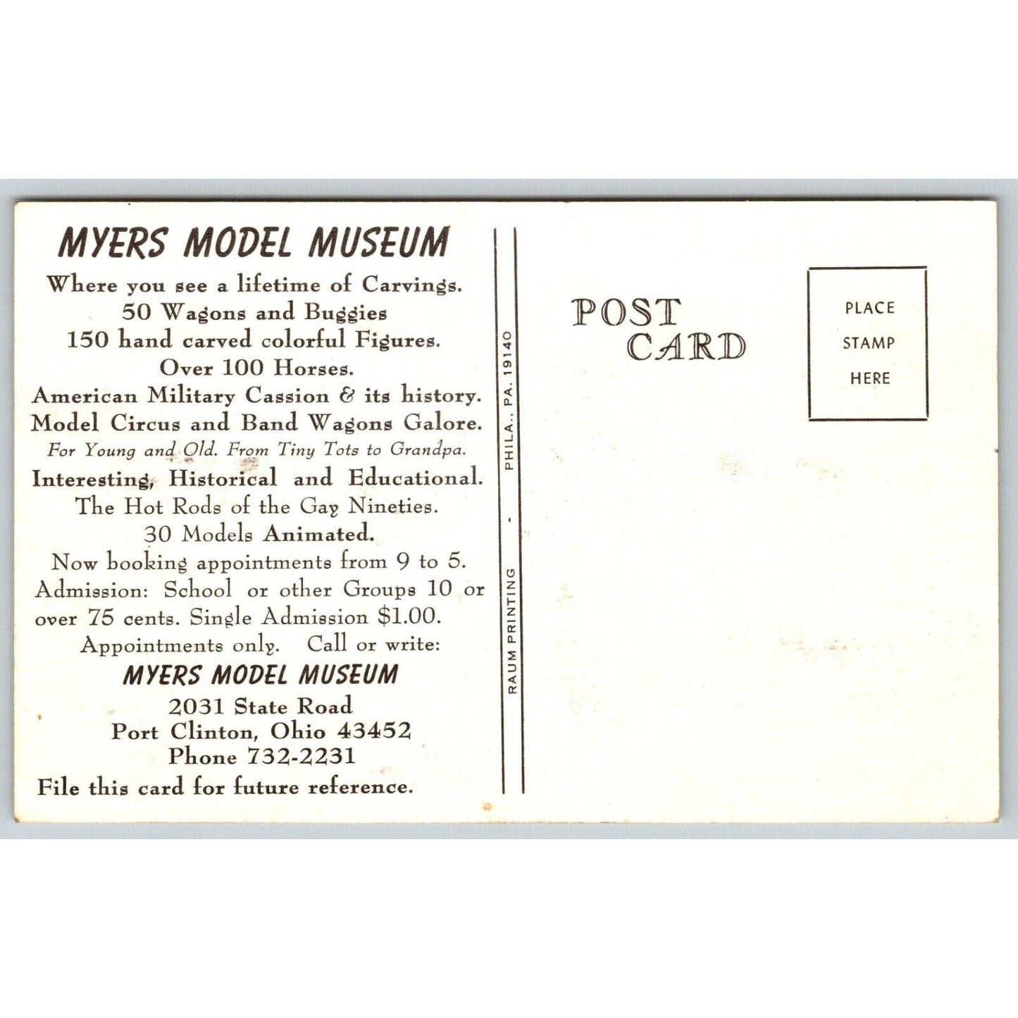Meyers Model Museum Circus Port Clinton, OH Postcard NP VGC c1965-70's