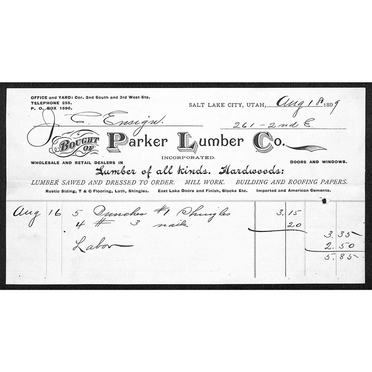 Parker Lumber Co. Salt Lake City 1889 Billhead Mill Work Dressed VGC Scarce