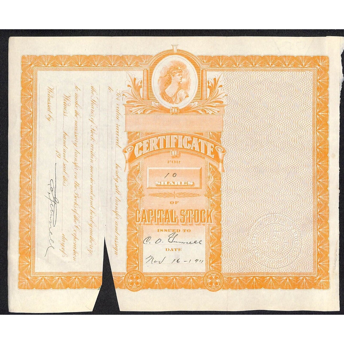 First National Bank of Lovelock, NV 1911 Stock Certificate to C.O. Gunnell *