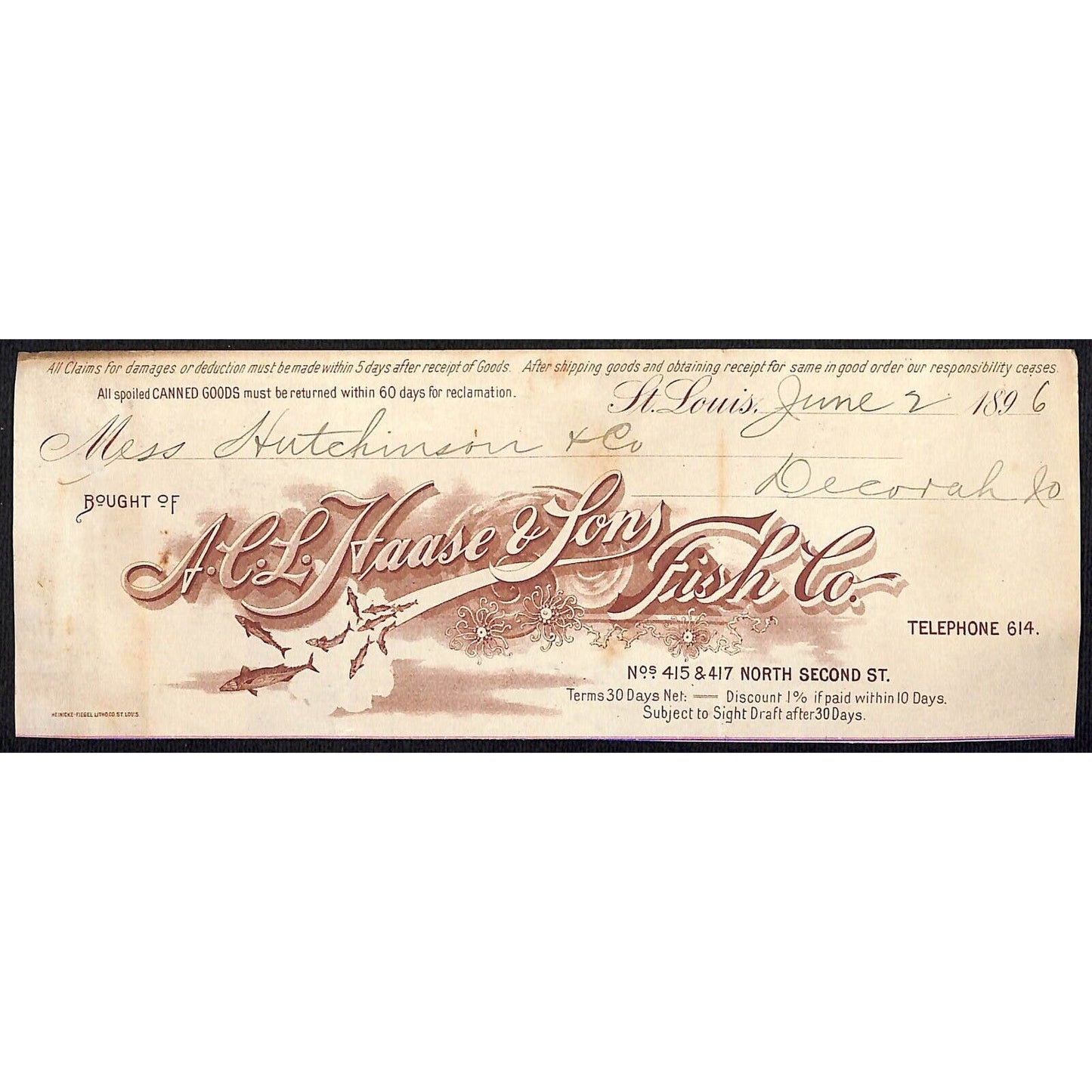 A.C.L. Haase & Sons Fish Co. H.J. Hutchinson* Decorah Cut 1896 Billhead