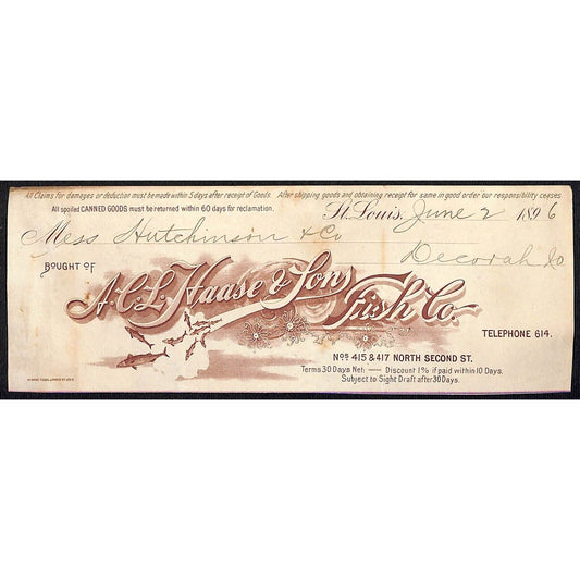 A.C.L. Haase & Sons Fish Co. H.J. Hutchinson* Decorah Cut 1896 Billhead
