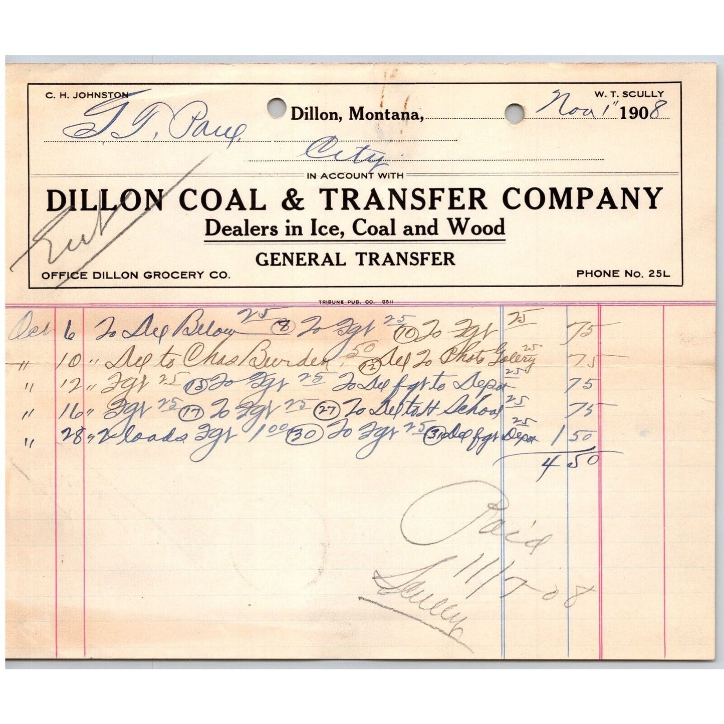 Dillon, MT Dillon Coal & Transfer Co Ice Wood Nov. 1908 Billhead G.T. Paul*