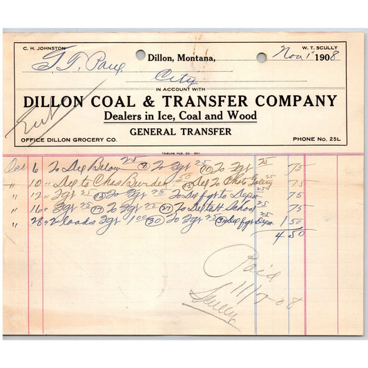 Dillon, MT Dillon Coal & Transfer Co Ice Wood Nov. 1908 Billhead G.T. Paul*