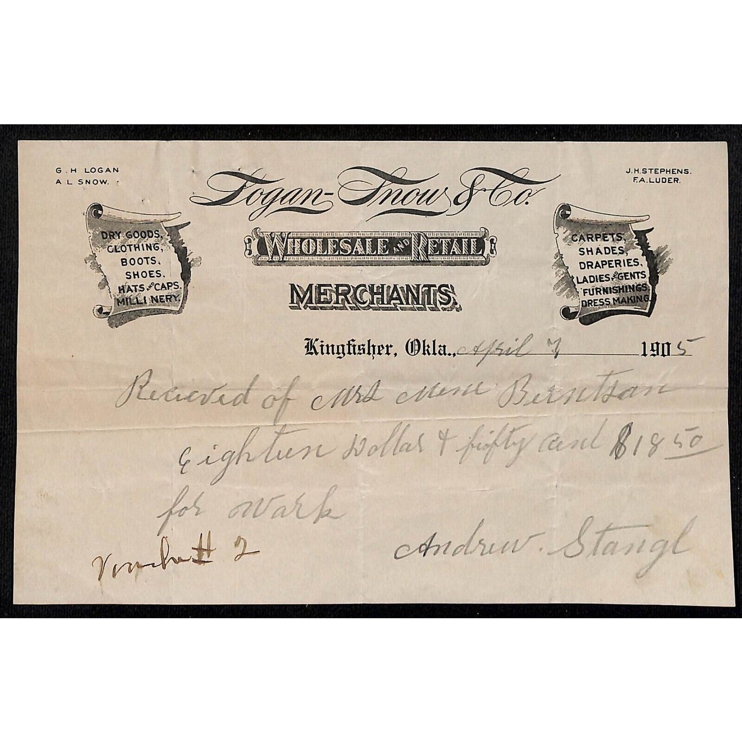 1905 Logan & Snow & Co. Kingfisher, OK Indian Territory Receipt / Letterhead