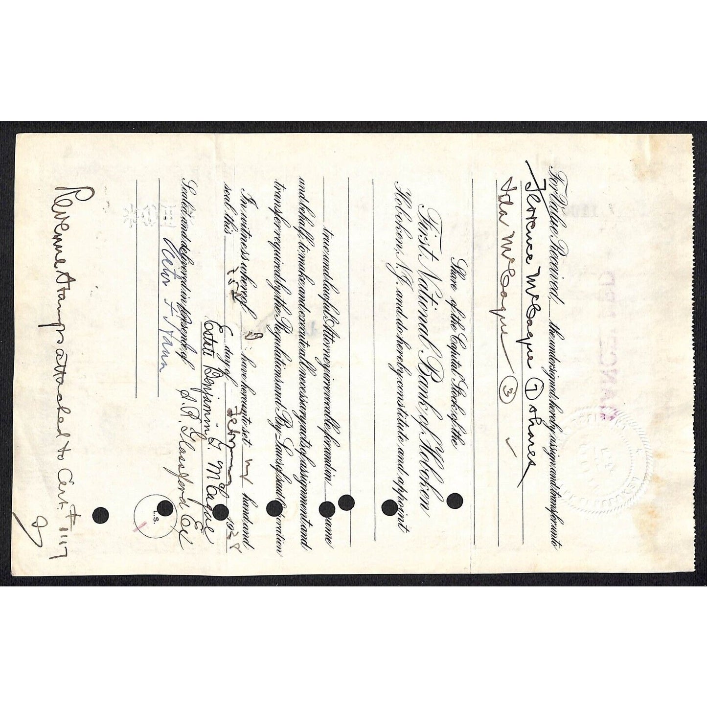 First National Bank of Hoboken NJ 1924 Stock Certificate Benjamin G. Mc Caque ?