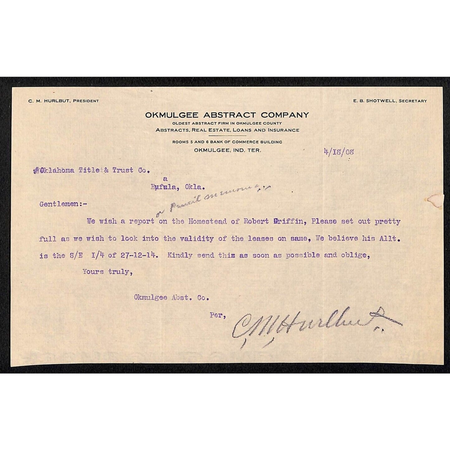Okmulgee Abstract Co. Oklahoma 1908 TLS Letterhead