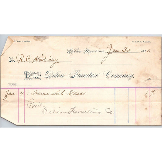 Dillon MT Dillon Furniture Co 1886 Billhead R.C. Halliday*