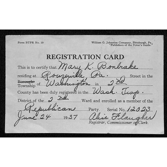 1937 Voter Party Registration Card Rouseville, PA Mary K. Bonbrake