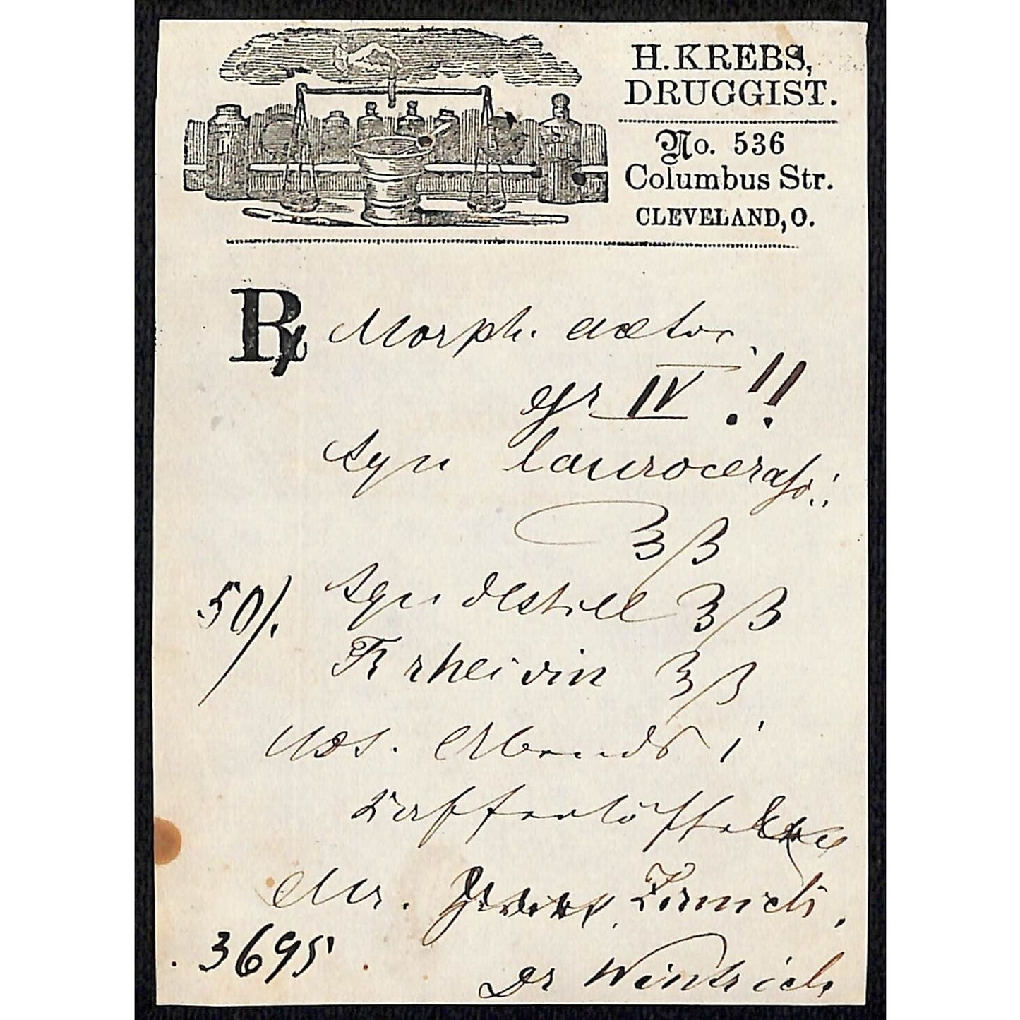 H. Krebs, Druggist Columbus St. Cleveland c1870's* Prescription #3695