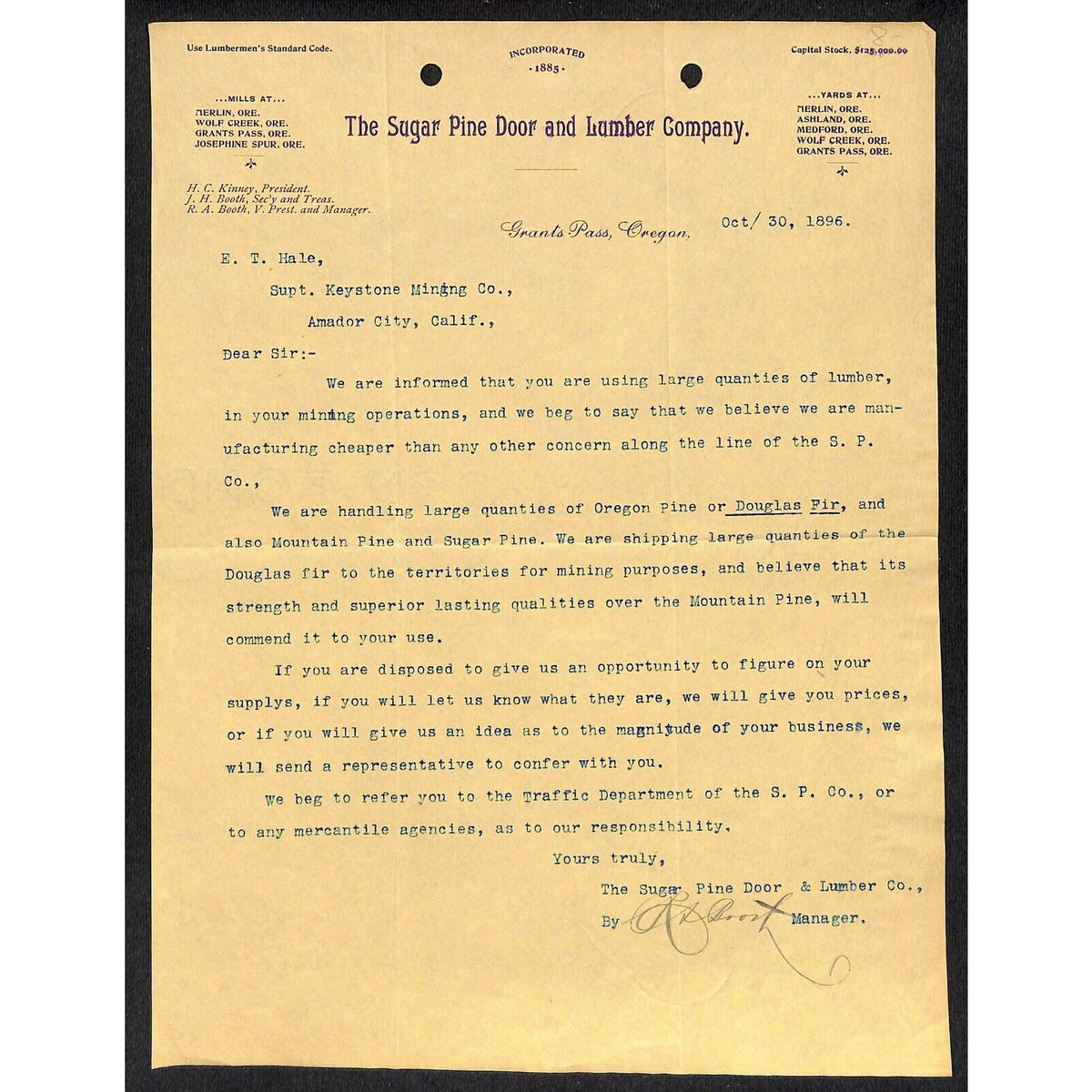 The Sugar Pine Door and Lumber Co. 1896 Letterhead to Keystone Mining Amador, CA