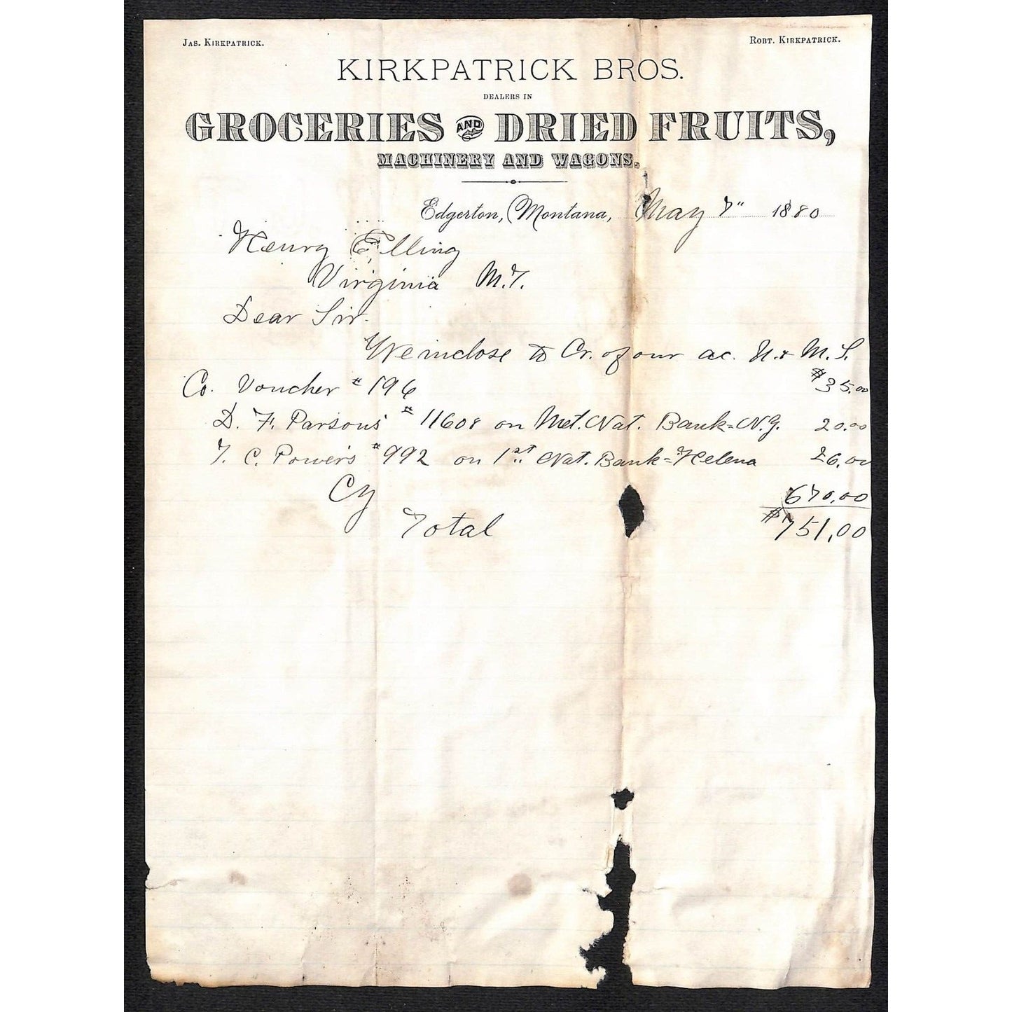 Edgerton, MT Kirkpatrick Bros. Groceries 1880 ALS Letterhead Elling* w/ Damage