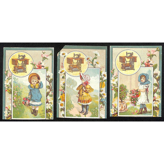 3 New Home Sewing Machine Victorian Trade Cards "Girl" Series Trimmed