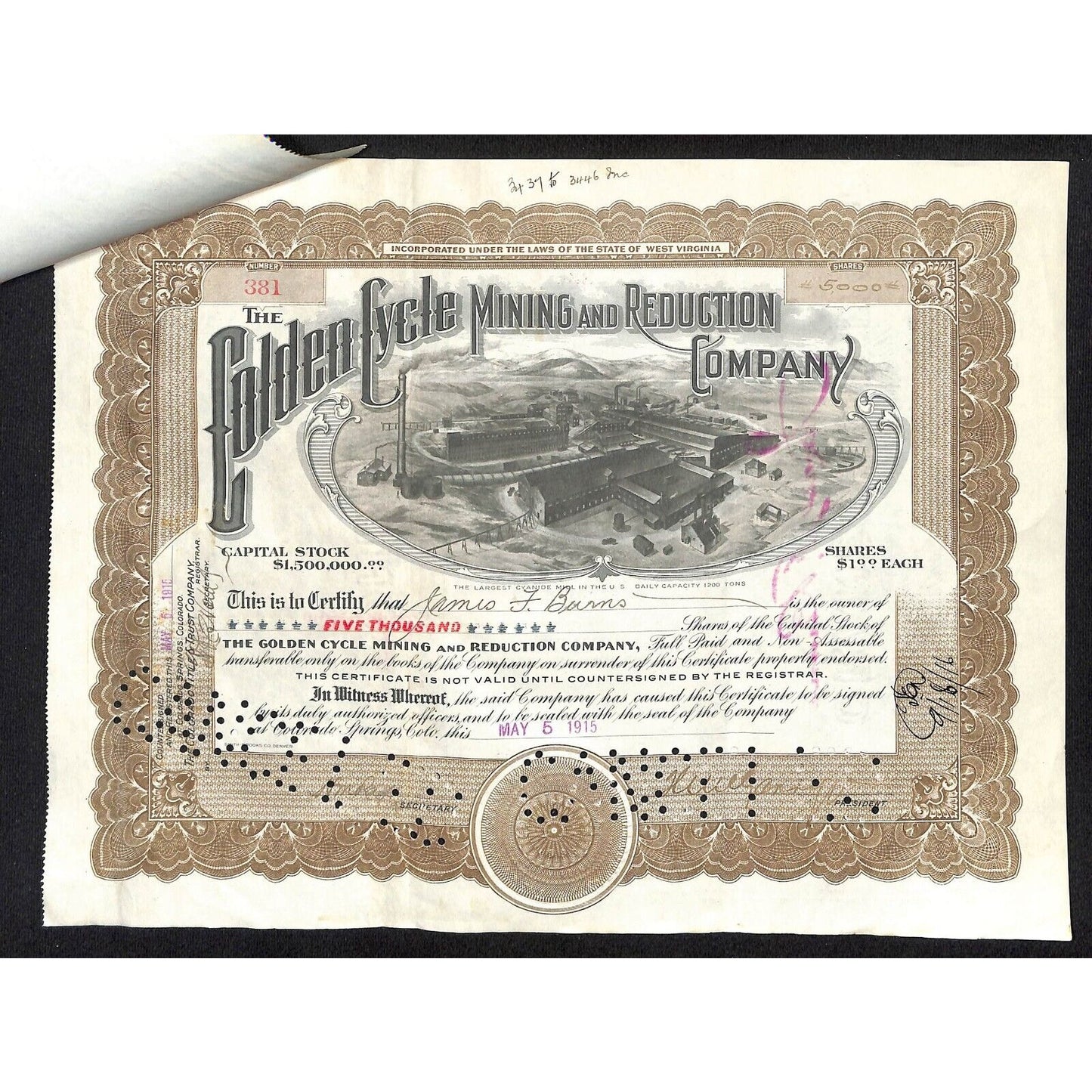 Golden Cycle Mining 1915 Stock Certificate w/ James F. Burns Sig. #381