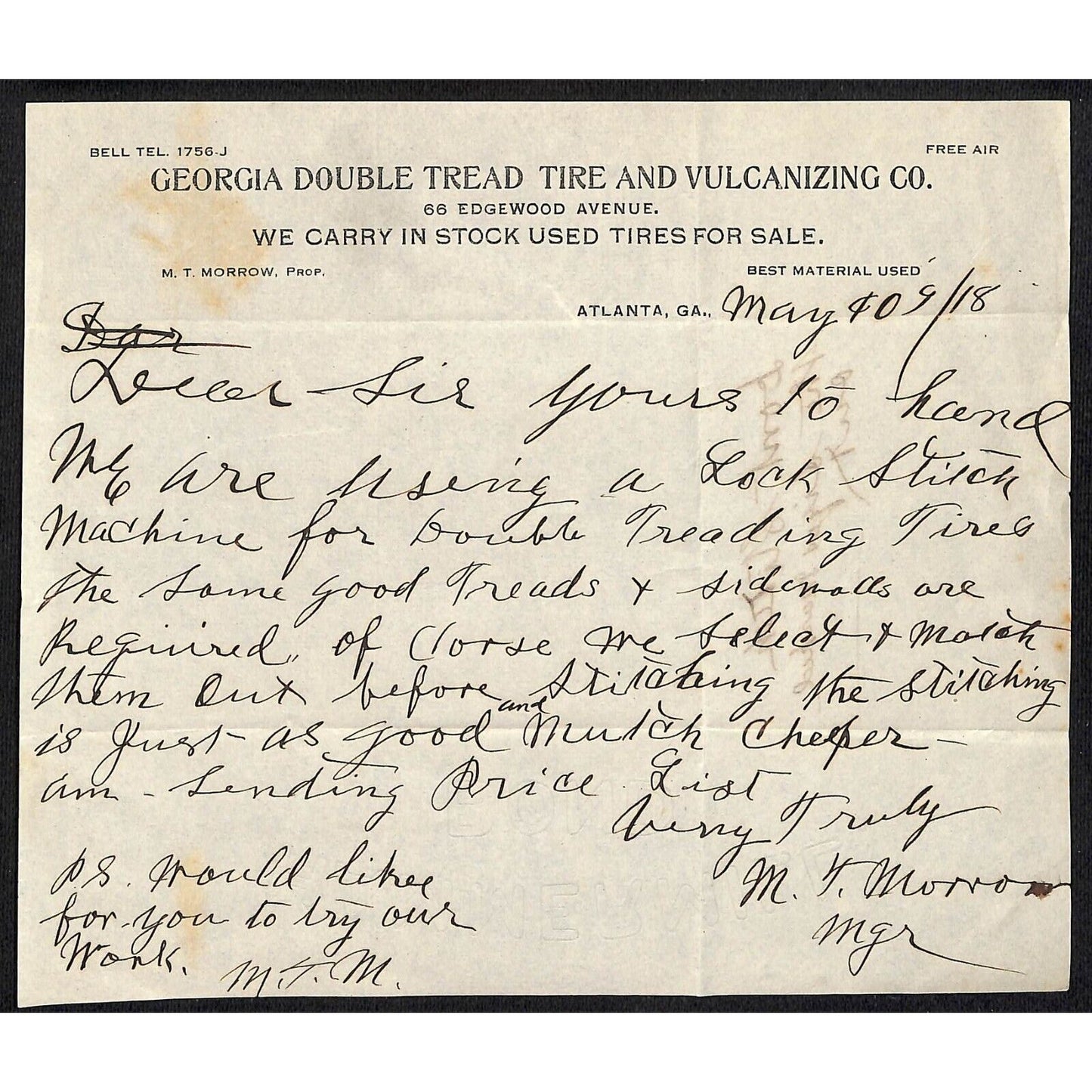 Double Tread Tire and Vulcanizing Co. Atlanta 1918 ALS Letterhead Scarce