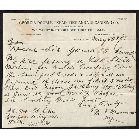 Double Tread Tire and Vulcanizing Co. Atlanta 1918 ALS Letterhead Scarce