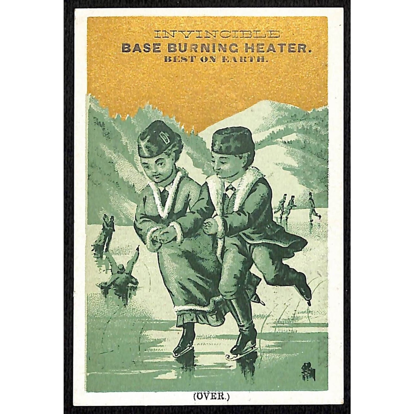 Invincible Base Burning Heater Victorian Trade Card Couple Ice Skating on Pond
