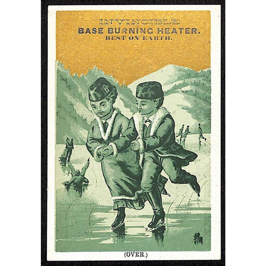 Invincible Base Burning Heater Victorian Trade Card Couple Ice Skating on Pond