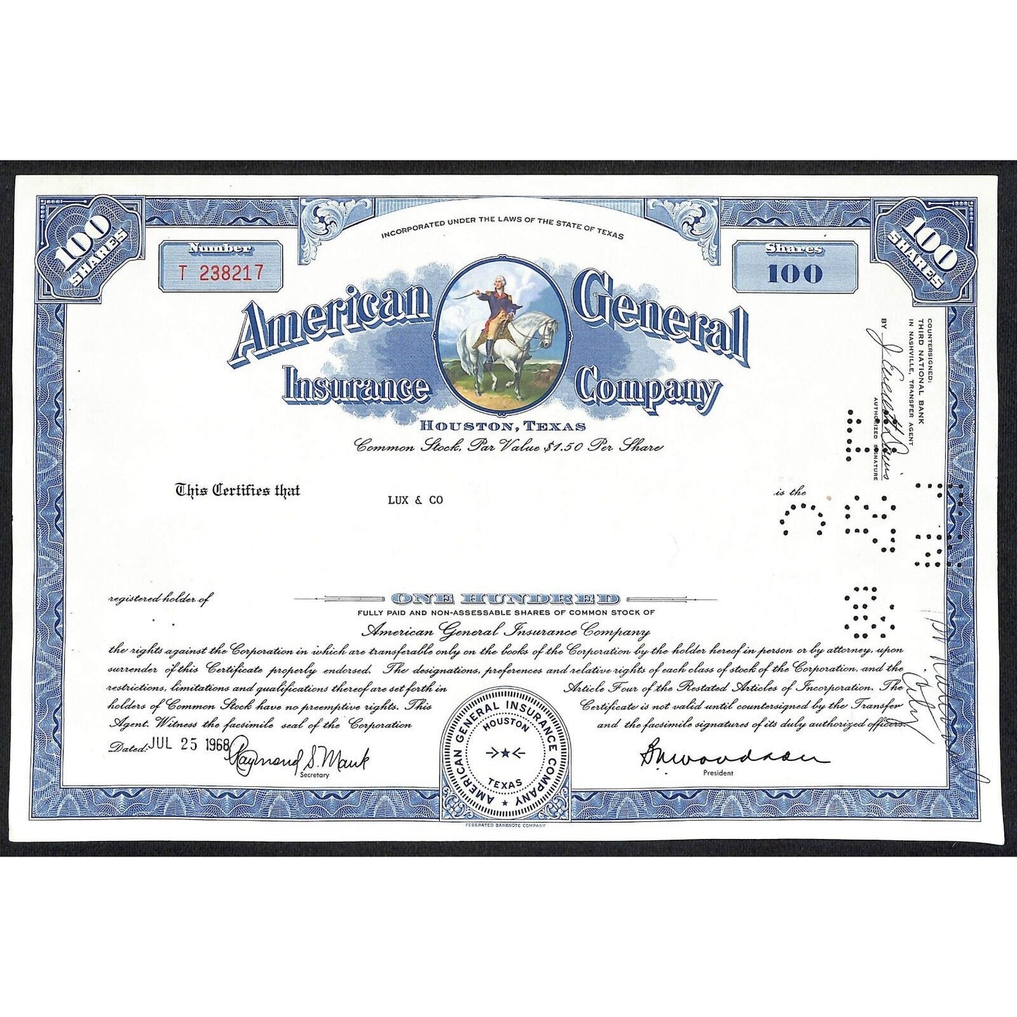American General Insurance Co. Houston, TX 1968 Stock Certificate Geo Washington
