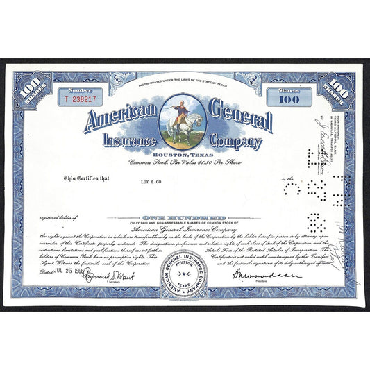 American General Insurance Co. Houston, TX 1968 Stock Certificate Geo Washington