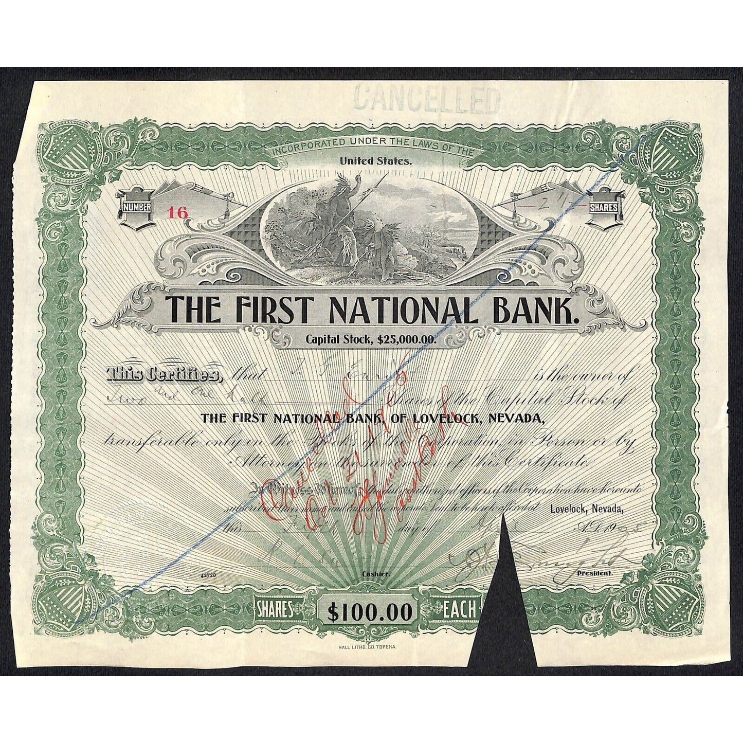 First National Bank of Lovelock, NV 1905 Stock Certificate to P.J. Enright *