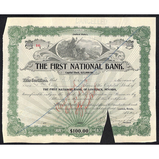 First National Bank of Lovelock, NV 1905 Stock Certificate to P.J. Enright *