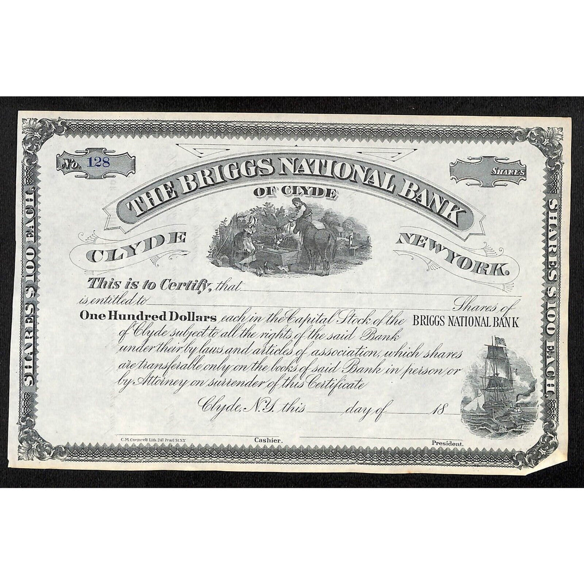 The Briggs National Bank of Clyde NY c1880* Stock Certificate Unissued #128