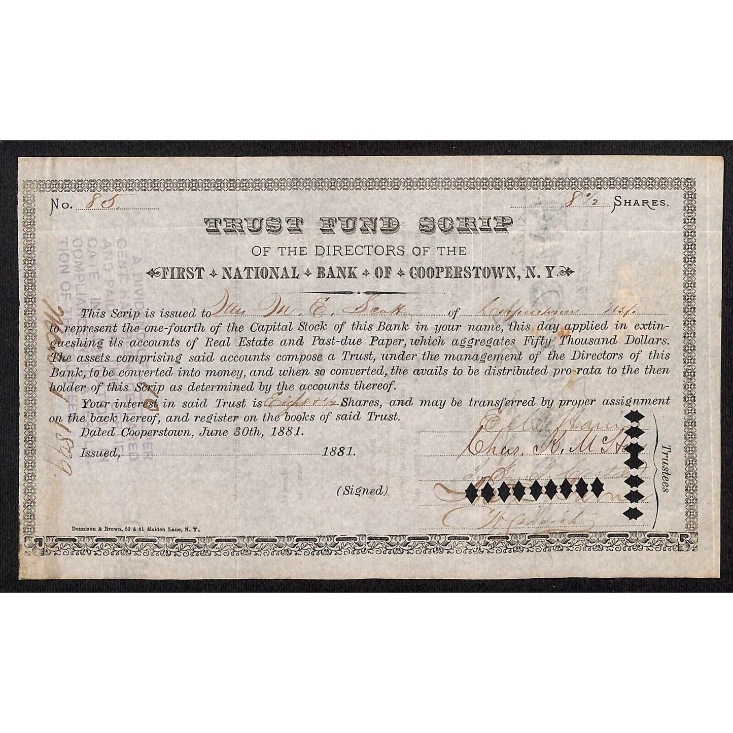 First National Bank Cooperstown, NY Trust Fund Script 1881 Stock Certificate