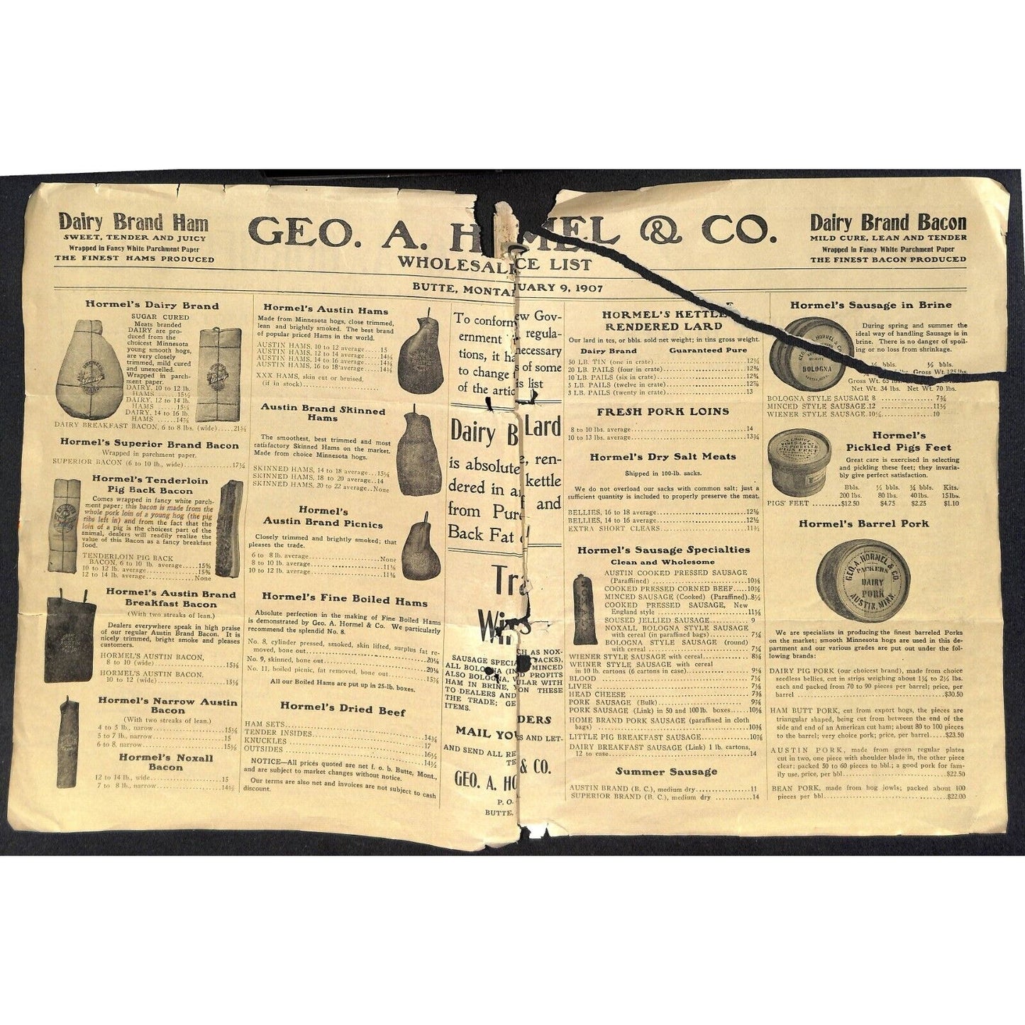 Geo. A. Hormel Pork Packers Austin, MN 1907 Whsle Price Sheet - Very Scarce