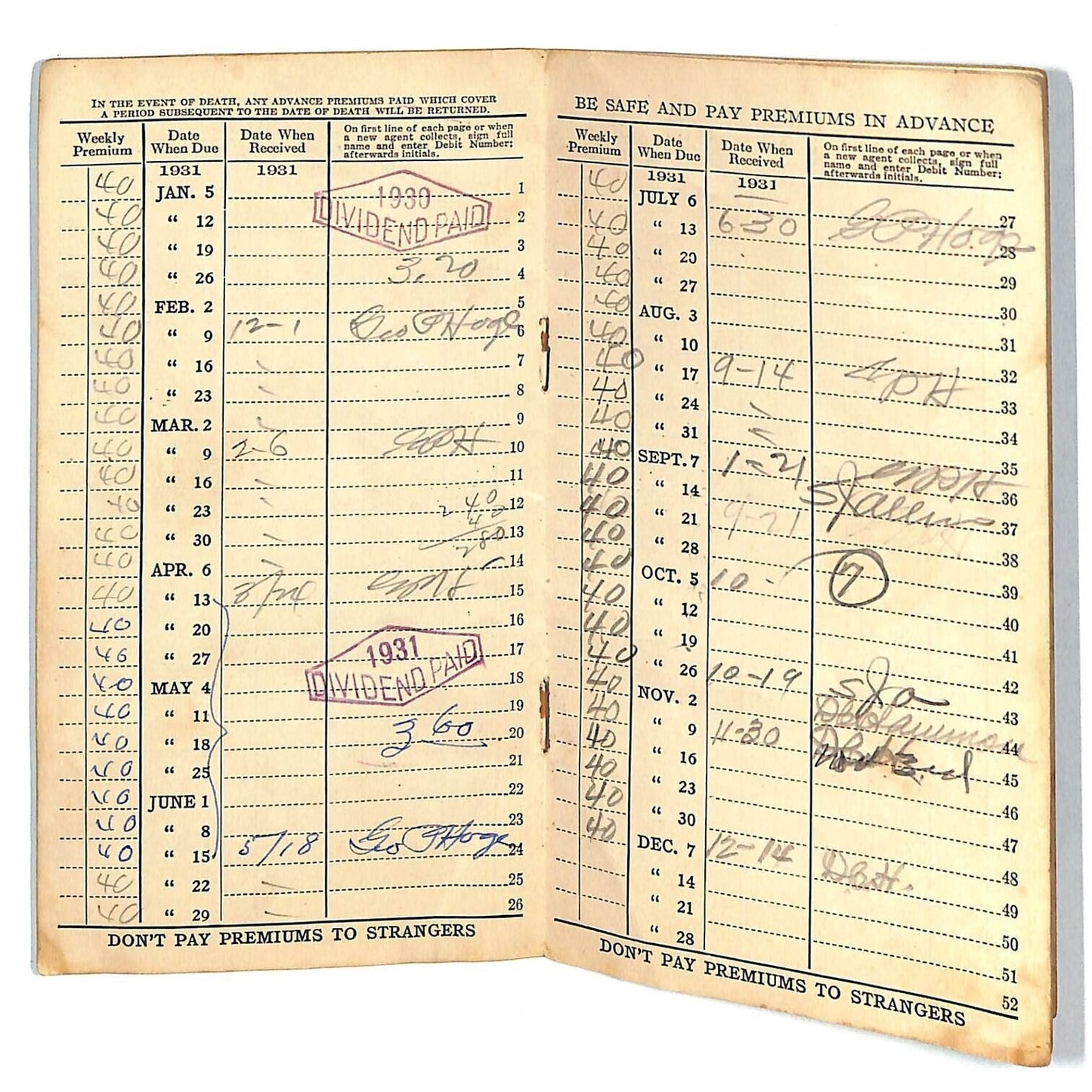 Metropolitan Life Ins. Weekly Premium Receipt Book 12pp 1929