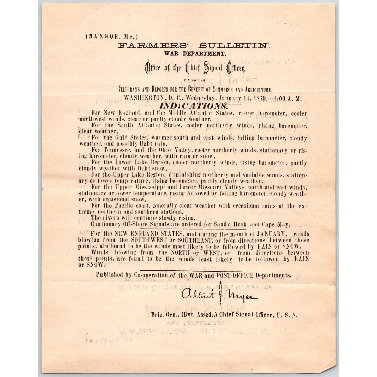Bangor, ME Chief Signal Office, War Department Farmers' Bulletin - Jan. 14, 1879