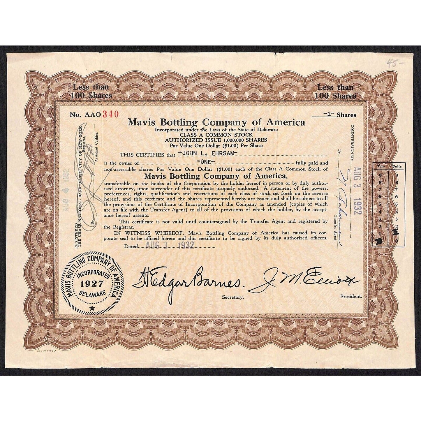 Mavis Bottling Co. of America - Pepsi* 1932 Stock Certificate John L. Ehrsam