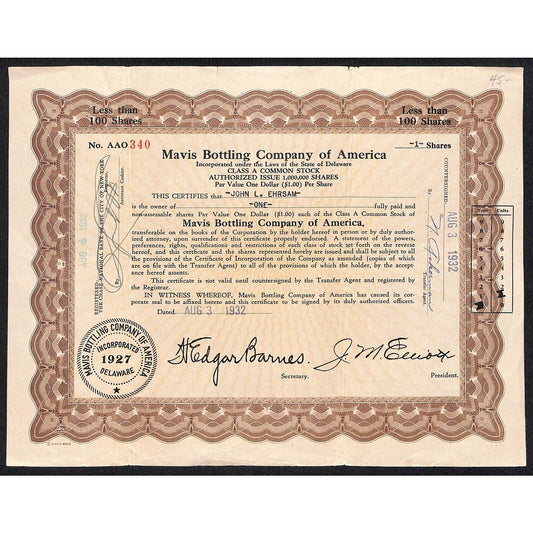 Mavis Bottling Co. of America - Pepsi* 1932 Stock Certificate John L. Ehrsam