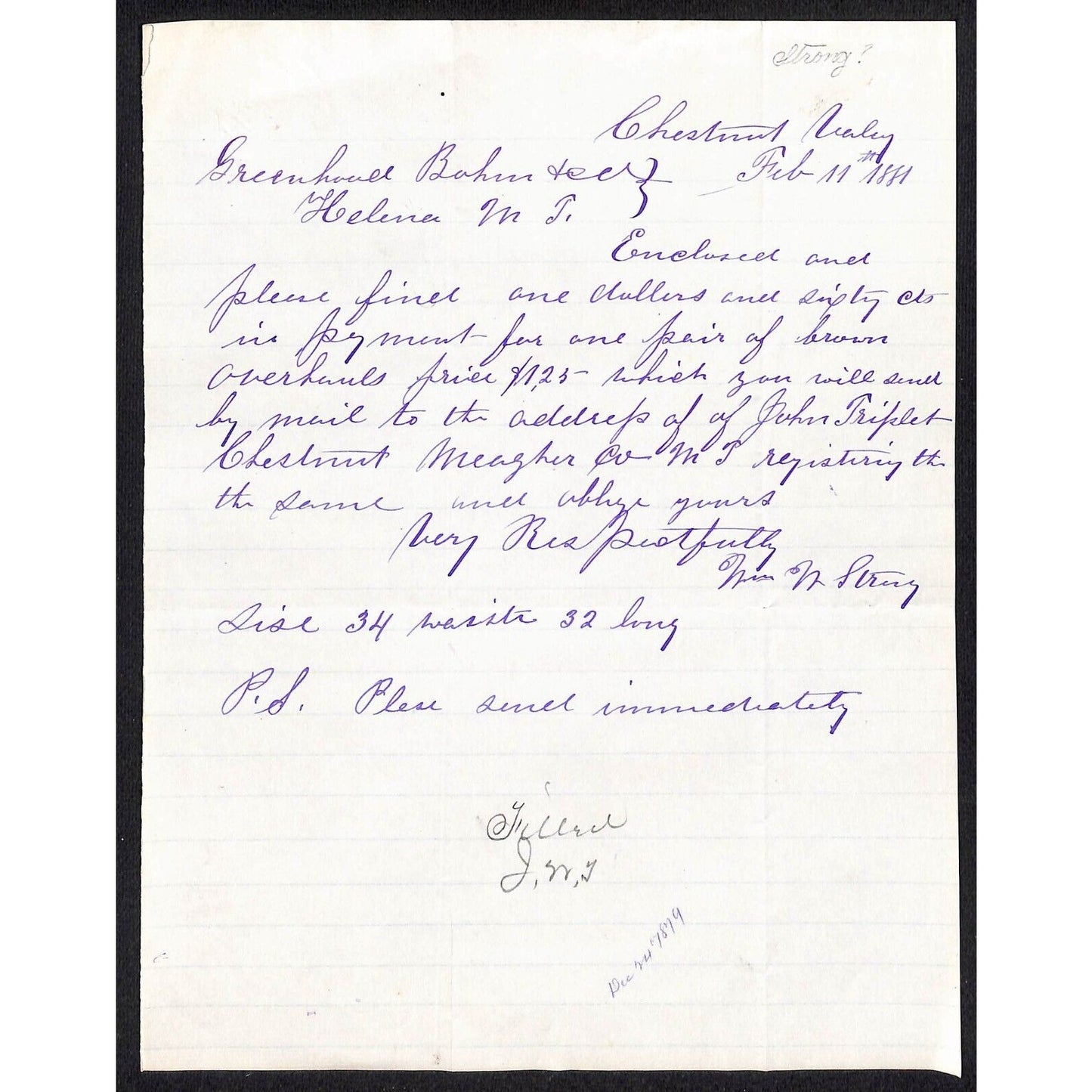 1881 ALS to Greenhood & Bohn Co* re: $1.60 Paid for Mail Order Brown Overalls