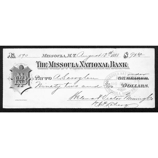 1888 Missoula National Bank Montana Territory Check Helena & Victor Mining #590
