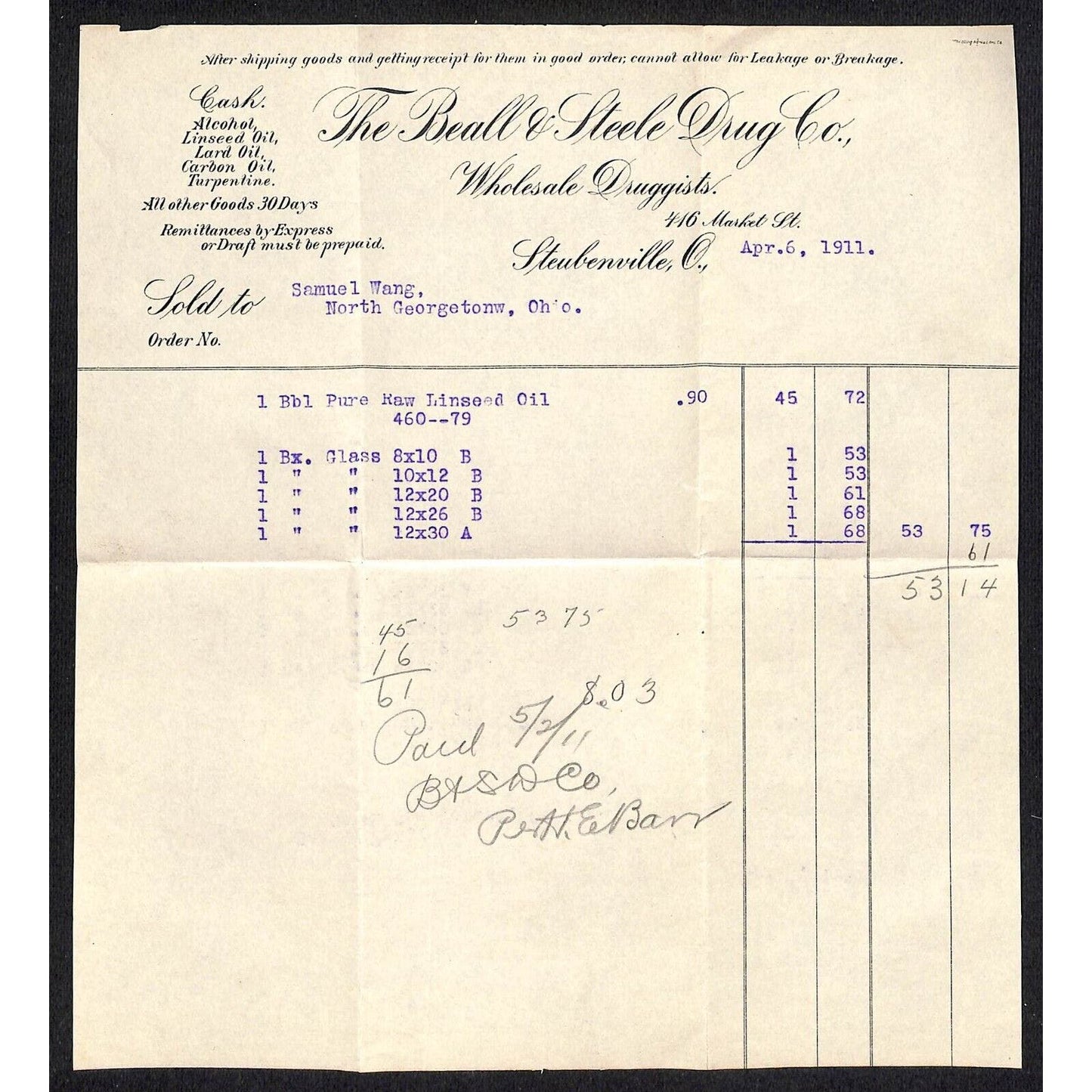 Beall & Steele Drug Co. / Samuel Wang Co* North Georgetown 1911 Billhead & Cover