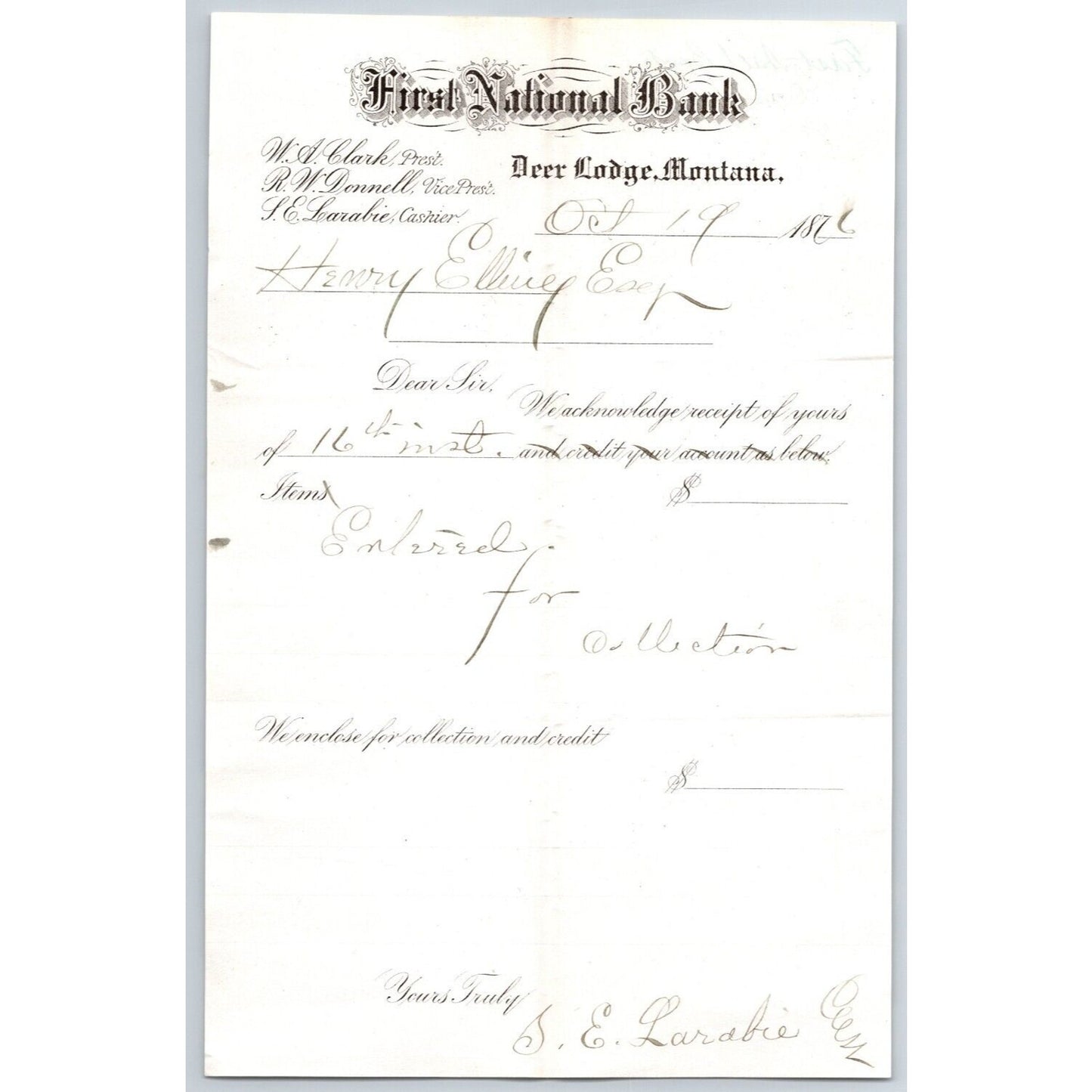 First National Bank Deer Lodge, MT 10/19 1876 Payment Advice Henry Elling*