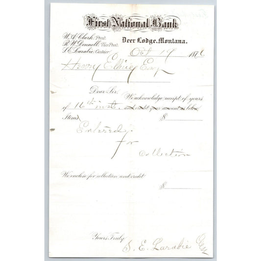 First National Bank Deer Lodge, MT 10/19 1876 Payment Advice Henry Elling*