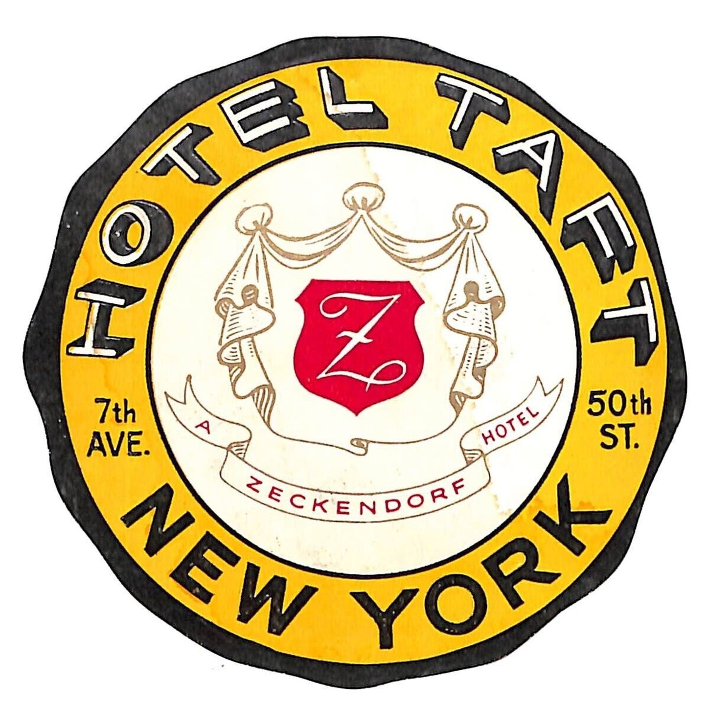 Hotel Taft New York 7th Ave. Coat of Arms Original Luggage Label 3 1/2" dia.