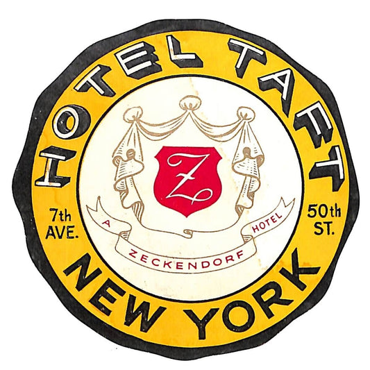 Hotel Taft New York 7th Ave. Coat of Arms Original Luggage Label 3 1/2" dia.