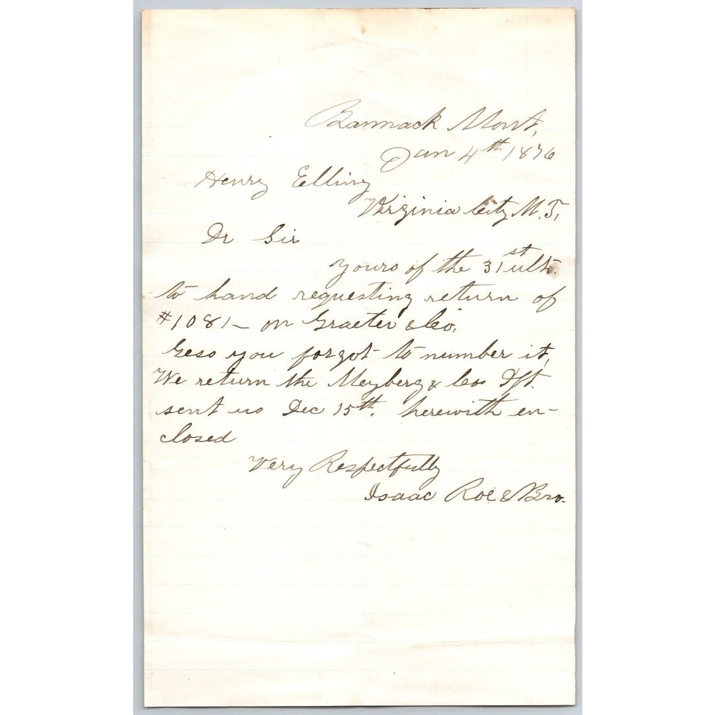 1876 ALS from Isaac Roe & Bro. (Bankers ) Bannack City, MT to Henry Elling*