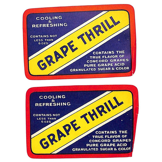 2 Grape Thrill Soda Labels (Crown Bottling Works New Orleans ?) c1927 w/ Creases