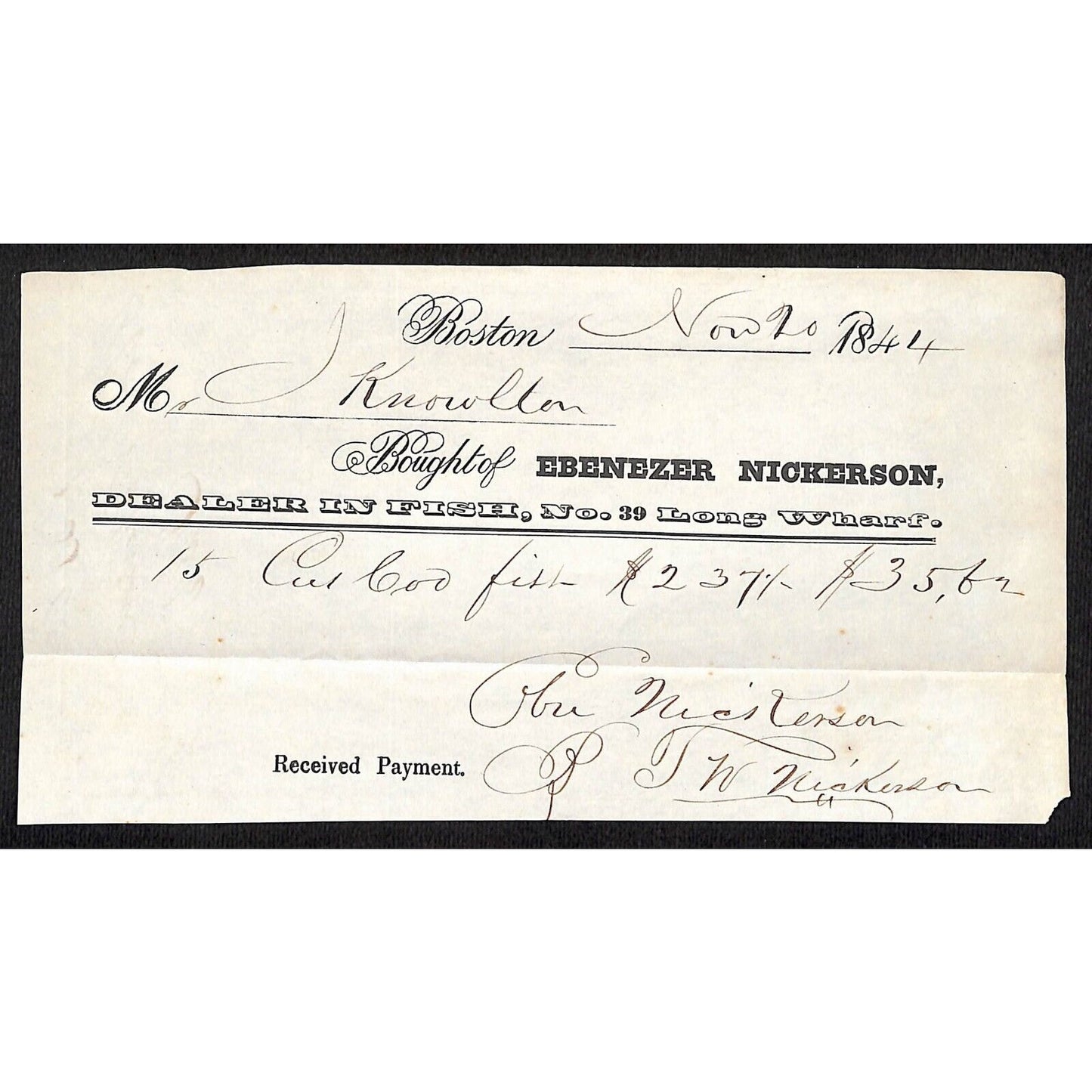 1844 Jabez Knowlton* Newburgh, ME Ebenezer Nickerson Fish Dealer Boston Billhead