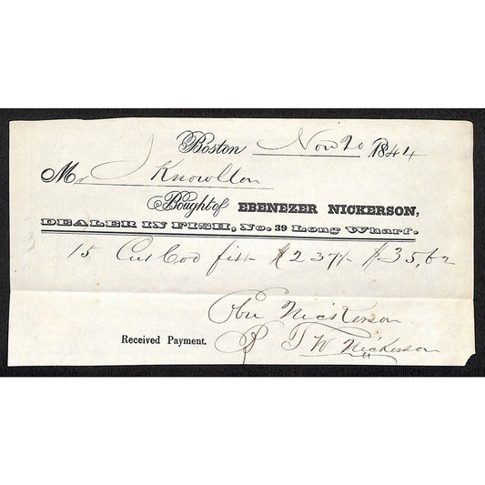 1844 Jabez Knowlton* Newburgh, ME Ebenezer Nickerson Fish Dealer Boston Billhead
